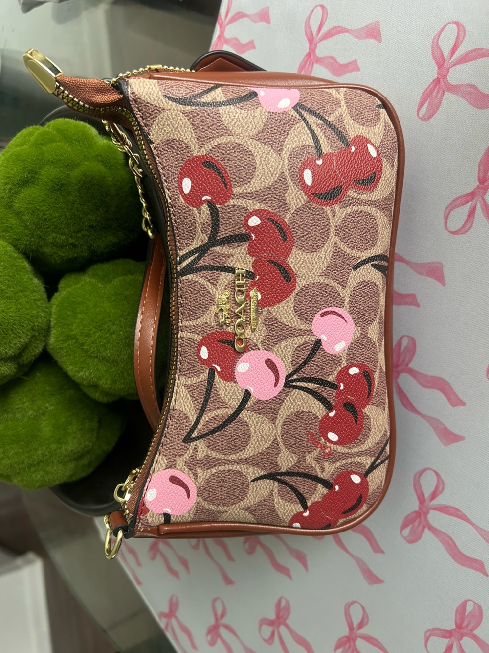 Coach Signature Canvas Shoulder Bag with Pink & Red Cherry Print